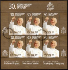 30 rocznica wyboru Karola Wojtyły na Papieża arkusz znaczków 4251