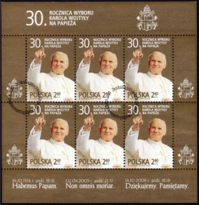 30 rocznica wyboru Karola Wojtyły na Papieża arkusz znaczków 4251