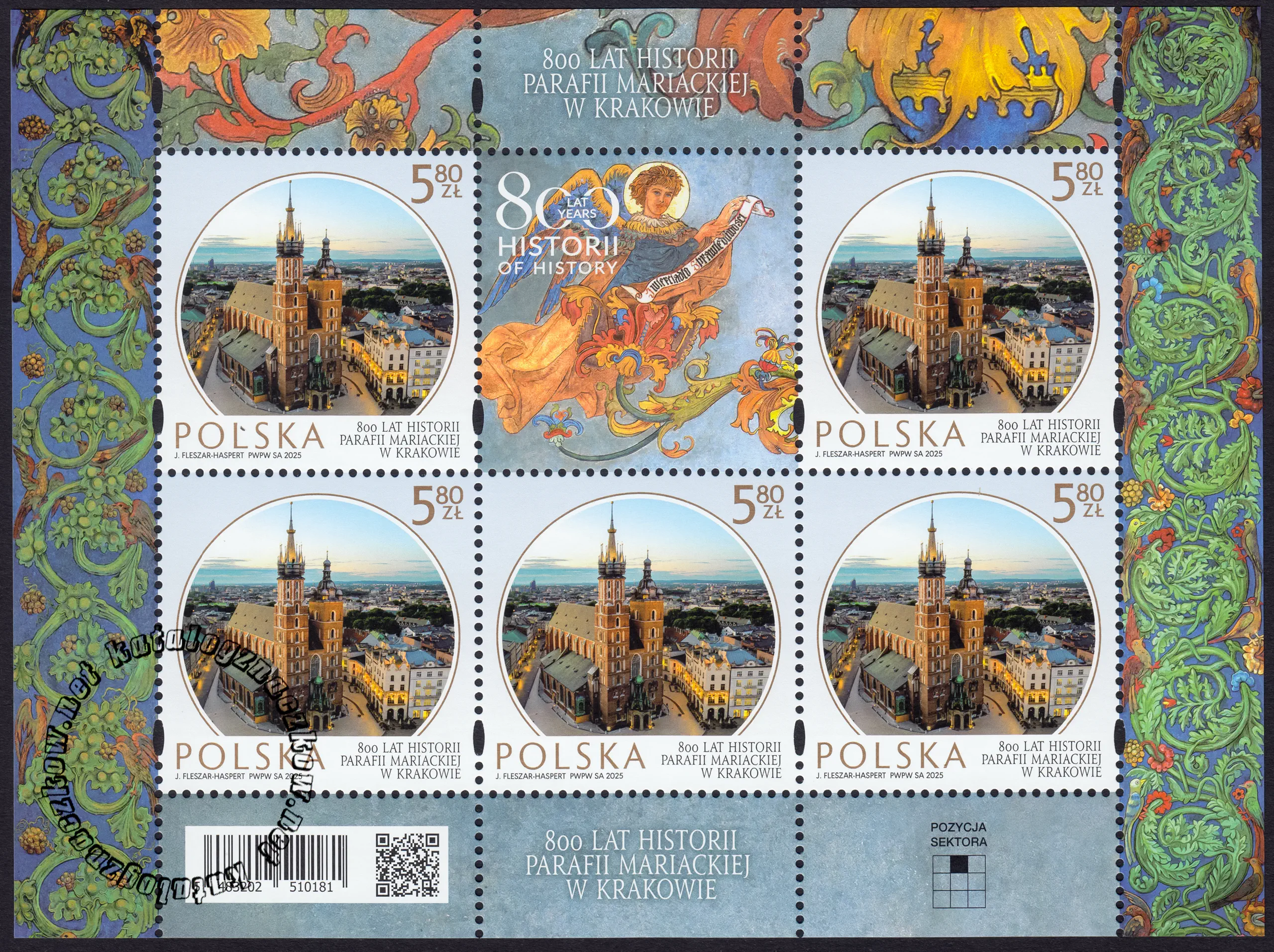 800 lat historii Parafii Mariackiej w Krakowie – arkusz znaczków numer 5483